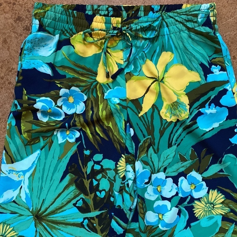 Talbots Blue And Green Tropical Print Drawstring Waist Flowy Straight Leg Pants